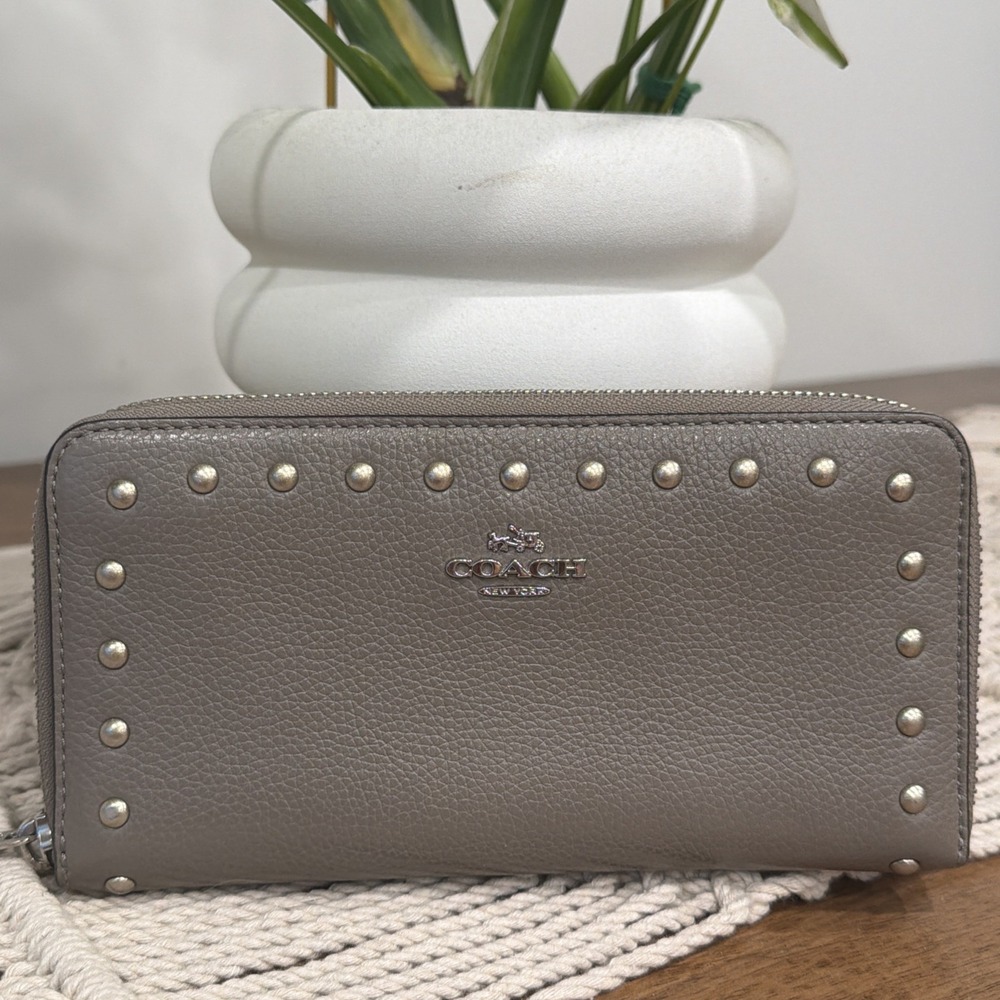 Coach Leather Accordion Zip Wallet With Studs Gray Grey Embellished Studded